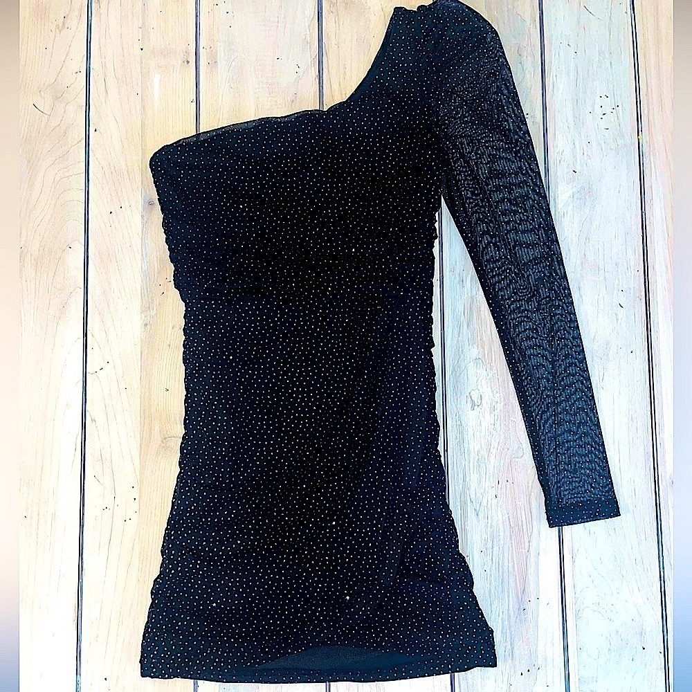 Lucy in the Sky One Shoulder Black Sparkle Ruched Dress